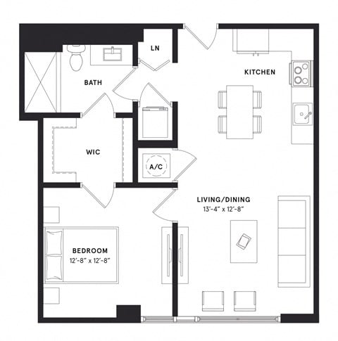 Floor plan for 1 bed, 1 bath, 752 sqft
