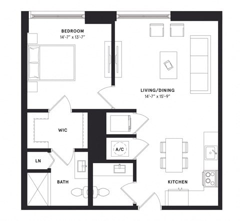 Floor plan for 1 bed, 1.5 baths, 865 sqft