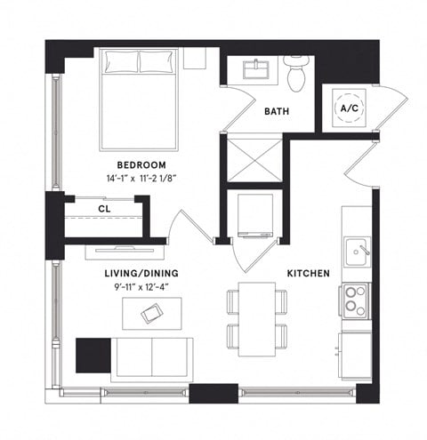 Floor plan for 1 bed, 1 bath, 537 sqft