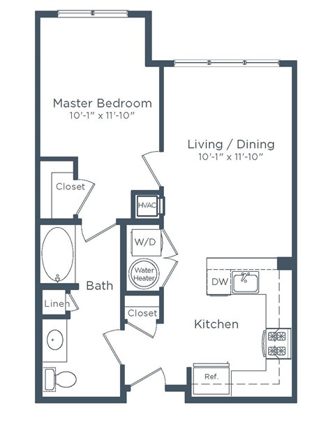 Floor plan for 1 bed, 1 bath, 670 sqft