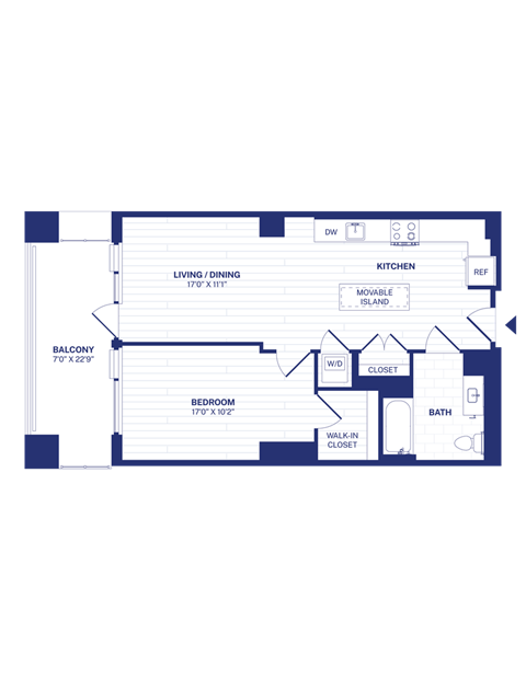 Floor plan for 1 bed, 1 bath, 751 sqft