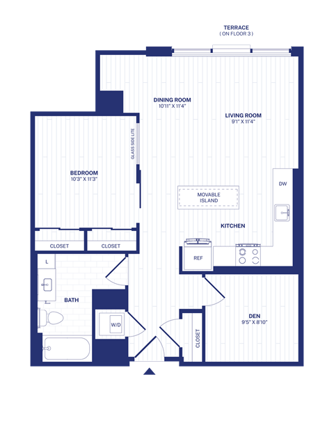 Floor plan for 1 bed, 1 bath, 823 sqft