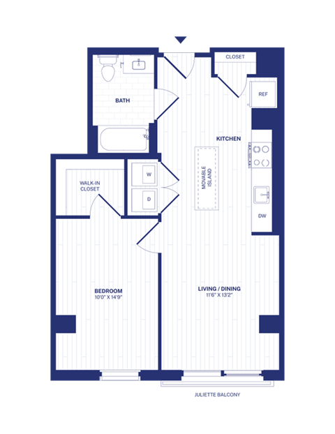 Floor plan for 1 bed, 1 bath, 682 sqft