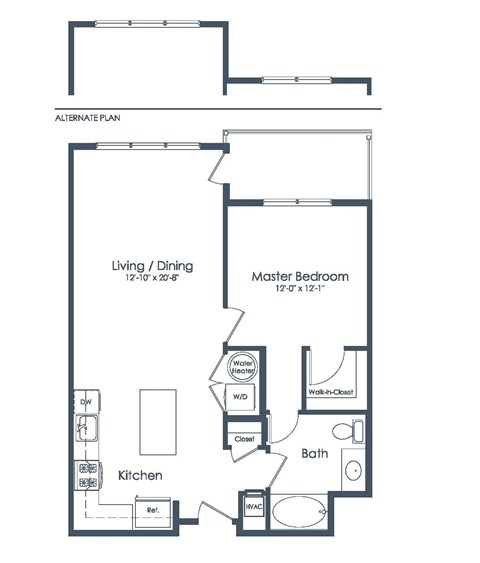 Floor plan for 1 bed, 1 bath, 800 sqft