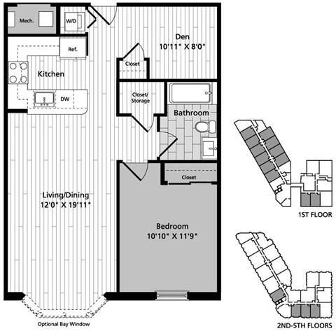 Floor plan for 1 bed, 1 bath, 740 sqft