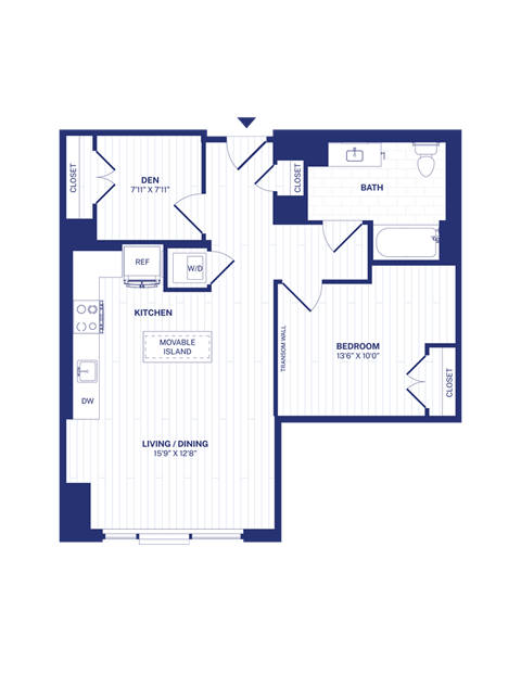 Floor plan for 1 bed, 1 bath, 803 sqft