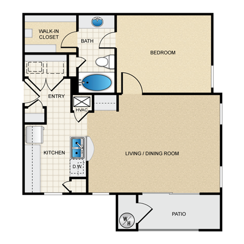 Floor plan for 1 bed, 1 bath, 704 sqft