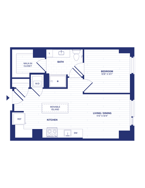 Floor plan for 1 bed, 1 bath, 610 sqft