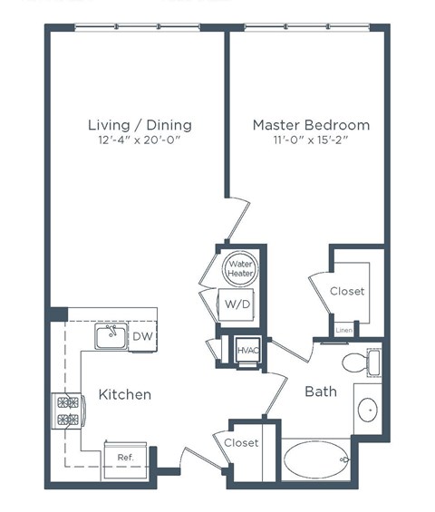 Floor plan for 1 bed, 1 bath, 804 sqft