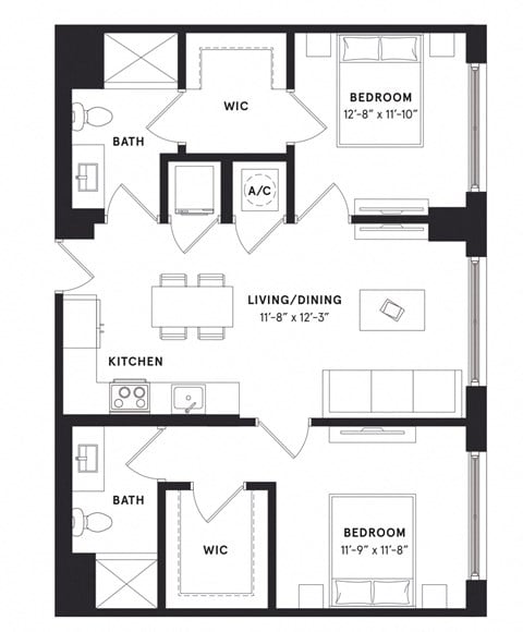 Floor plan for 2 beds, 2 baths, 953 sqft