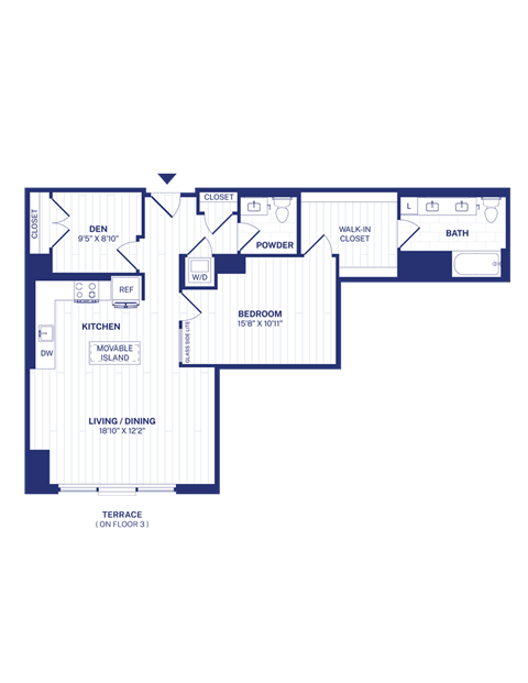 Floor plan for 1 bed, 1 bath, 990 sqft
