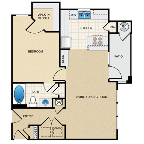 Floor plan for 1 bed, 1 bath, 785 sqft