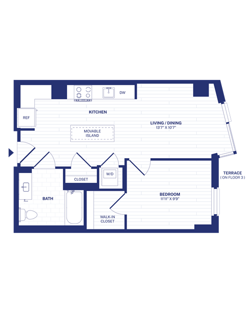 Floor plan for 1 bed, 1 bath, 622 sqft