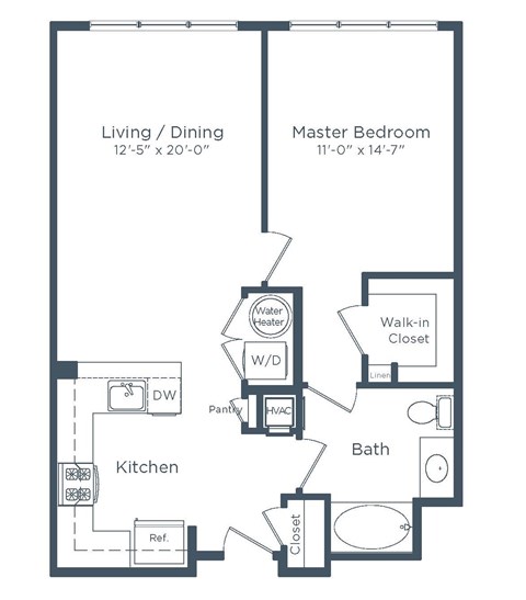 Floor plan for 1 bed, 1 bath, 805 sqft