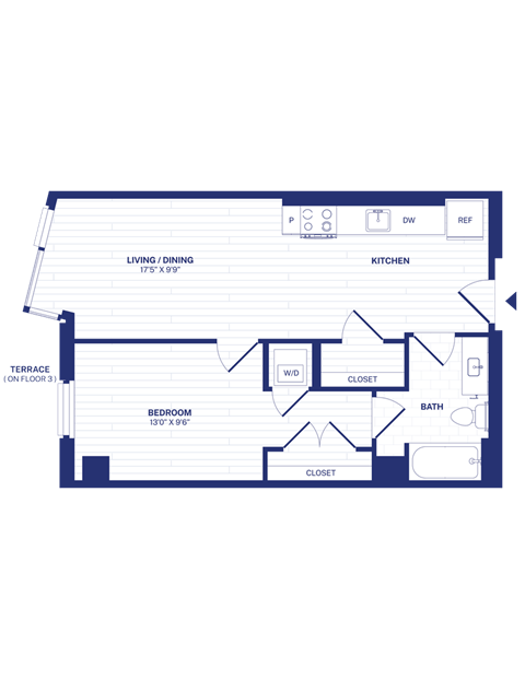 Floor plan for 1 bed, 1 bath, 606 sqft