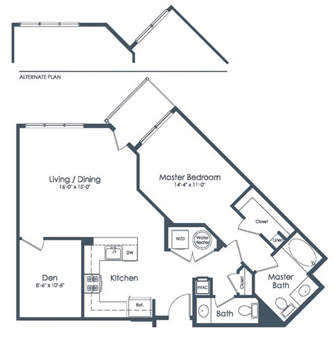 Floor plan for 1 bed, 1.5 baths, 955 sqft