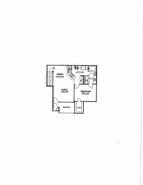 Floor plan for 1 bed, 1 bath, 855 sqft