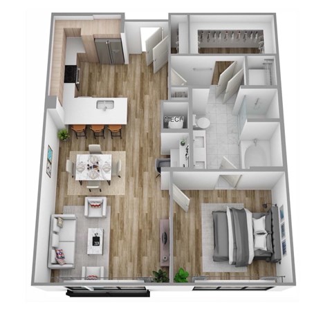 Floor plan for 1 bed, 1 bath, 852 sqft