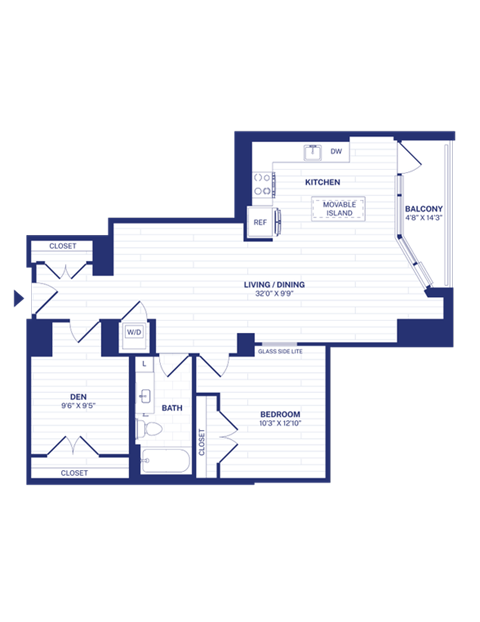 Floor plan for 1 bed, 1 bath, 967 sqft