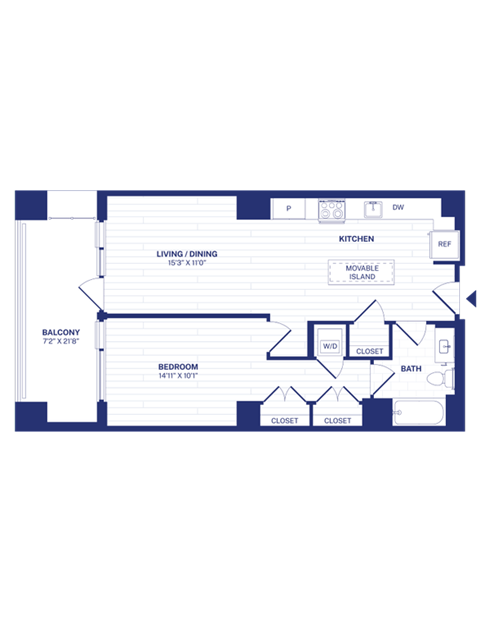 Floor plan for 1 bed, 1 bath, 751 sqft