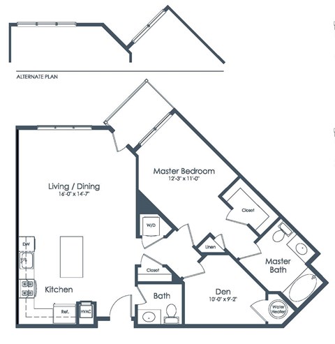 Floor plan for 1 bed, 1.5 baths, 972 sqft