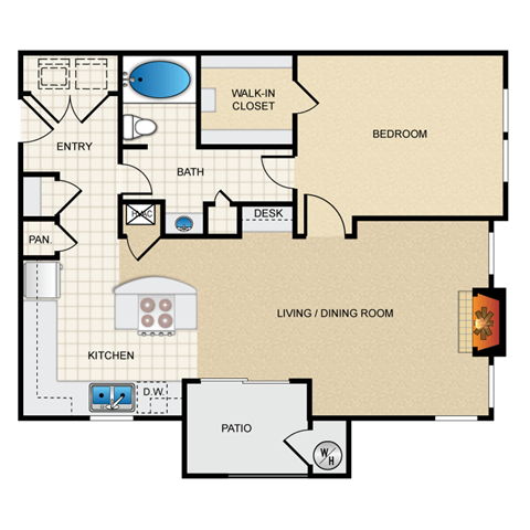 Floor plan for 1 bed, 1 bath, 833 sqft
