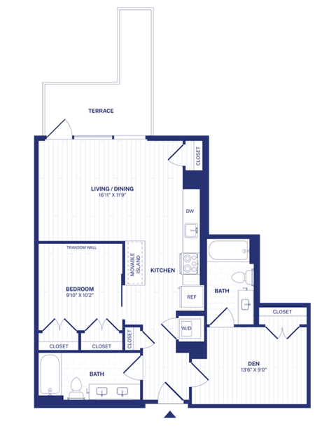 Floor plan for 1 bed, 2 baths, 829 sqft