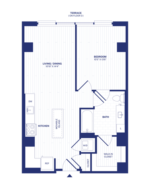Floor plan for 1 bed, 1 bath, 702 sqft