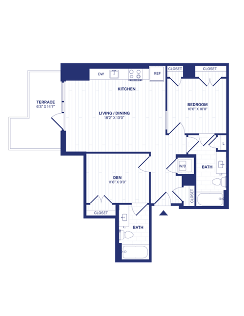 Floor plan for 1 bed, 1 bath, 824 sqft