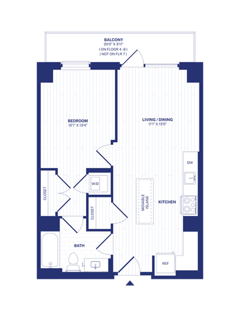 Floor plan for 1 bed, 1 bath, 641 sqft