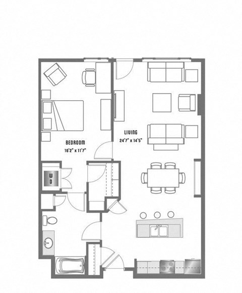 Floor plan for 1 bed, 1 bath, 954 sqft
