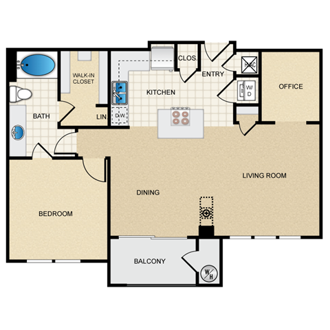 Floor plan for 1 bed, 1 bath, 901 sqft