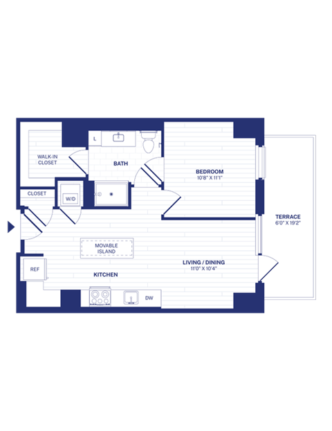 Floor plan for 1 bed, 1 bath, 642 sqft