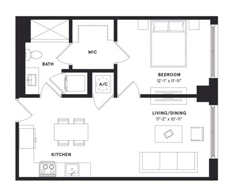 Floor plan for 1 bed, 1 bath, 715 sqft