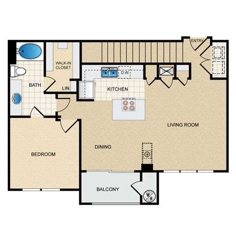Floor plan for 1 bed, 1 bath, 942 sqft