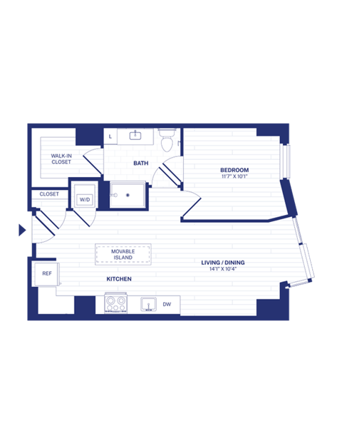 Floor plan for 1 bed, 1 bath, 625 sqft
