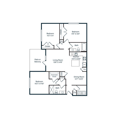 Floor plan for 3 beds, 2 baths, 1399 sqft
