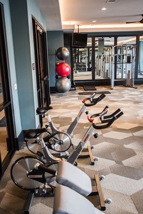 Dallas apartment for rent - A gym with a row of exercise bikes and a row of exercise balls.