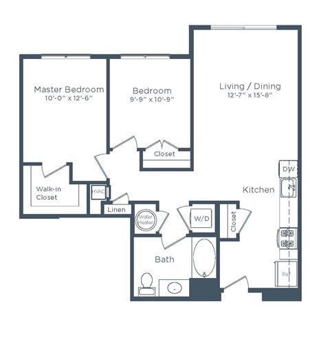 Floor plan for 2 beds, 1 bath, 903 sqft
