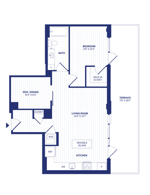 Floor plan for 1 bed, 1 bath, 802 sqft