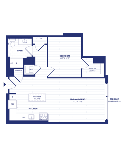 Floor plan for 1 bed, 1 bath, 740 sqft
