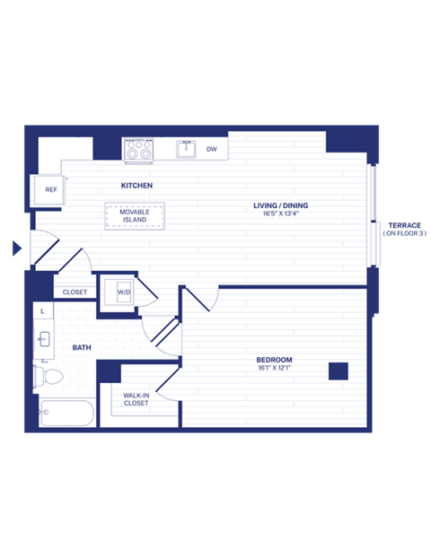 Floor plan for 1 bed, 1 bath, 798 sqft