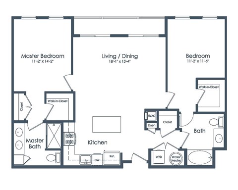 Floor plan for 2 beds, 2 baths, 1165 sqft