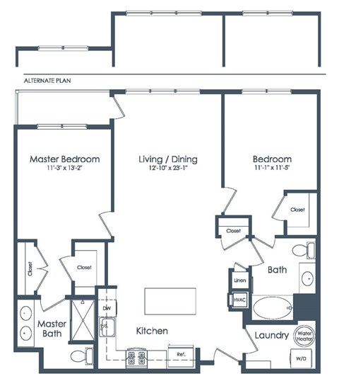 Floor plan for 2 beds, 2 baths, 1169 sqft