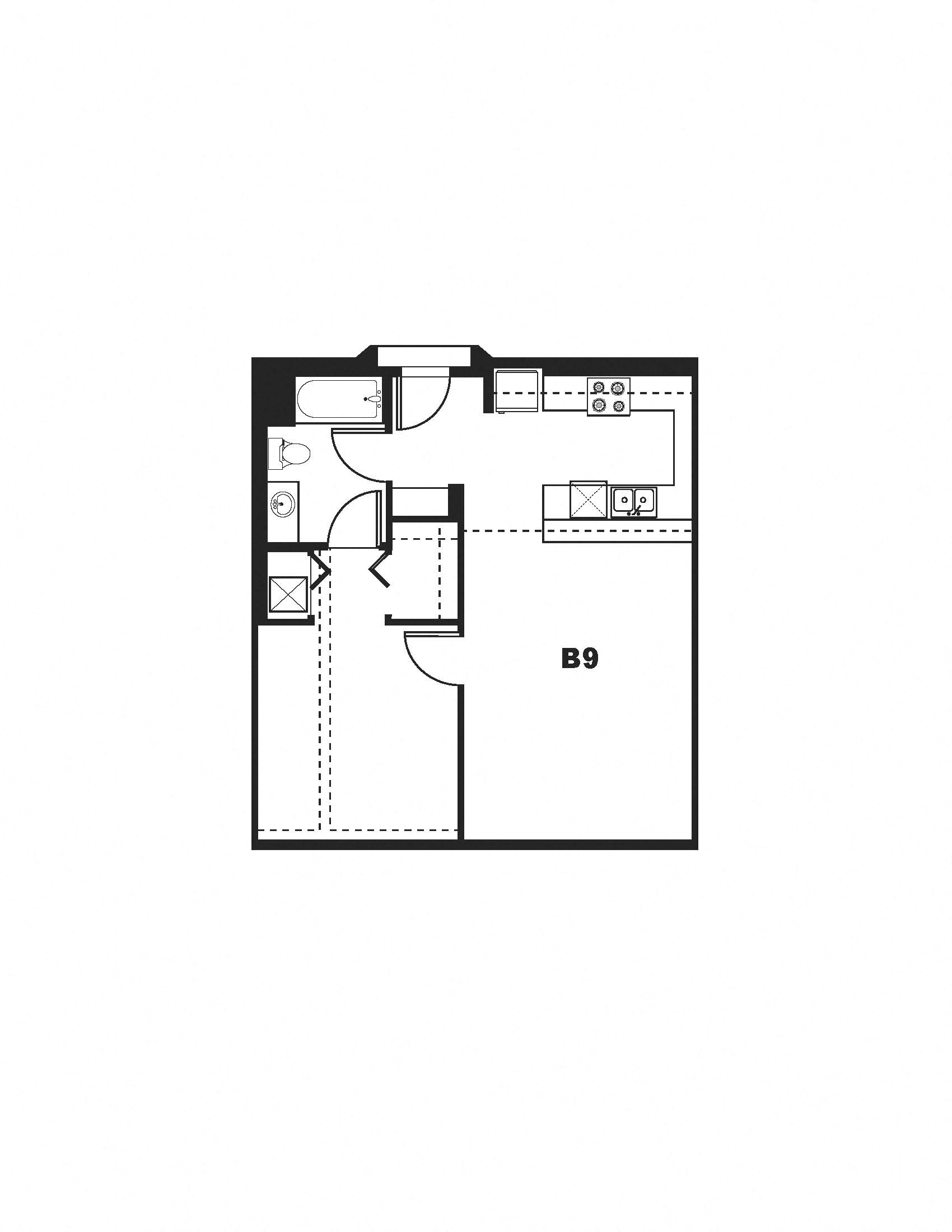 Floor plan for 1 bed, 1 bath, 713 sqft