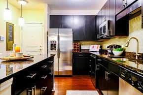 Durham apartment for rent - A kitchen with black cabinets and a stainless steel refrigerator.