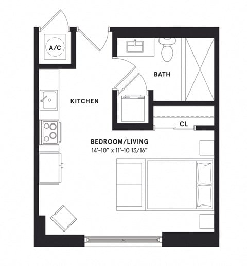 Floor plan for studio, 1 bath, 422 sqft