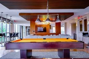 Durham apartment for rent - A pool table is in the middle of a room with a TV and a couch.