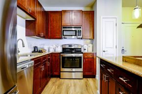 Raleigh apartment for rent - A kitchen with wooden cabinets and stainless steel appliances.
