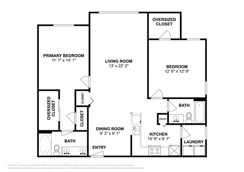 Floor plan for 2 beds, 2 baths, 1184 sqft